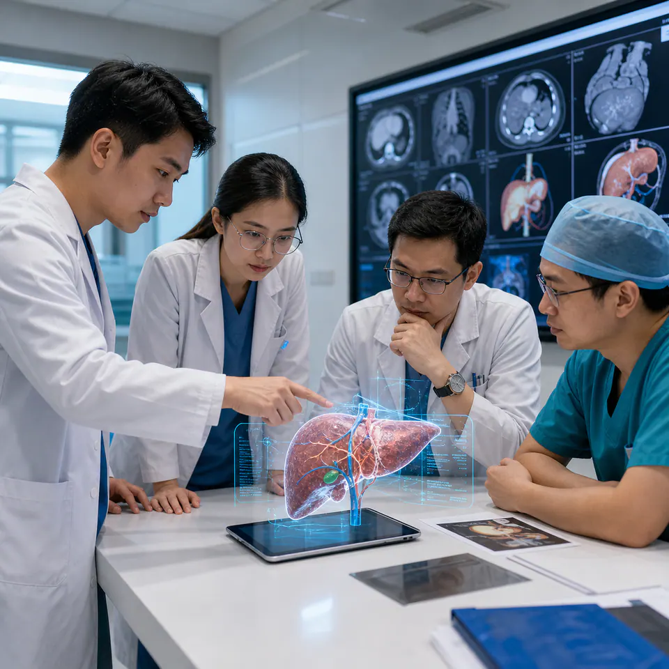 Bác sĩ xem mô hình cơ quan 3D bằng AR trong phòng tư vấn y khoa.
