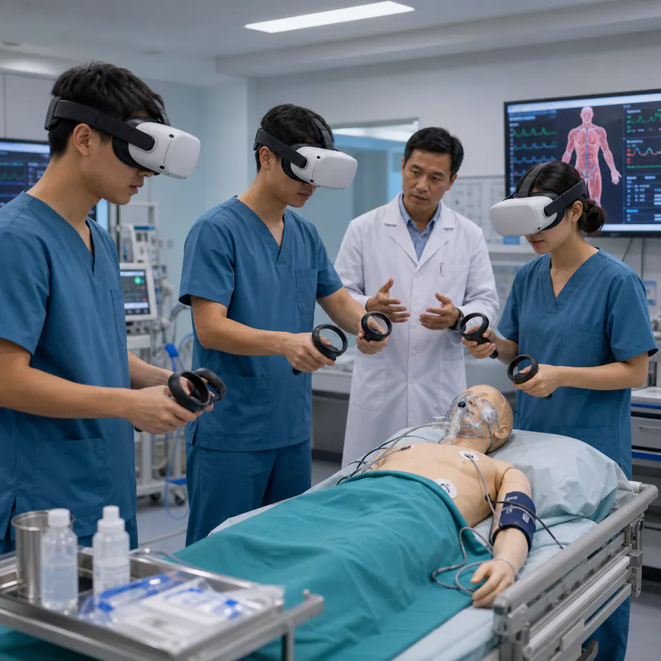 Nhân sự y tế thực hành mô phỏng tình huống cấp cứu bằng VR.