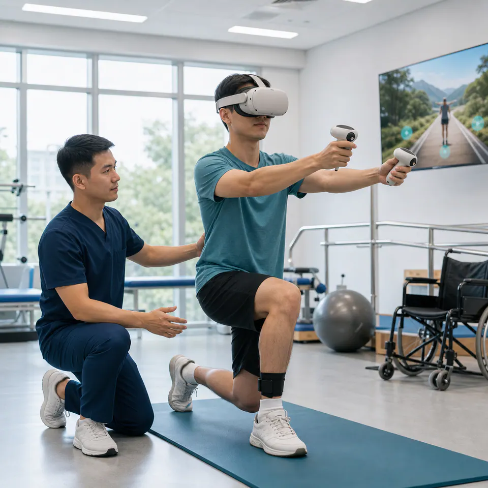 Bệnh nhân tập phục hồi chức năng bằng trải nghiệm VR có giám sát.