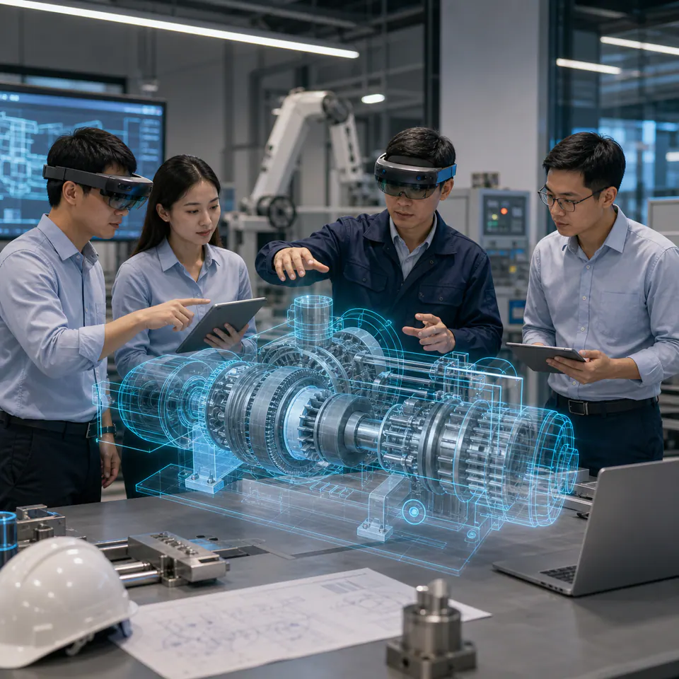 Nhóm kỹ sư xem digital twin của thiết bị công nghiệp trong không gian mixed reality.