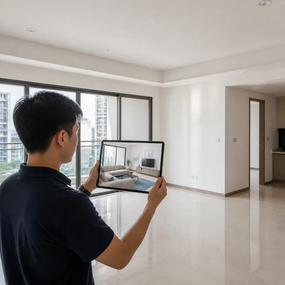 Khách hàng dùng thiết bị di động để xem nội thất AR trong căn hộ trống.