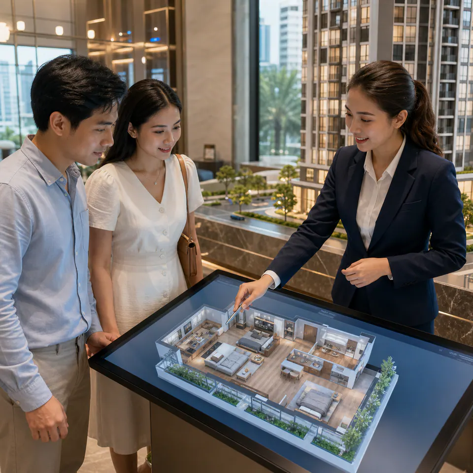 Tư vấn viên bất động sản giới thiệu căn hộ 3D cho khách hàng tại showroom.