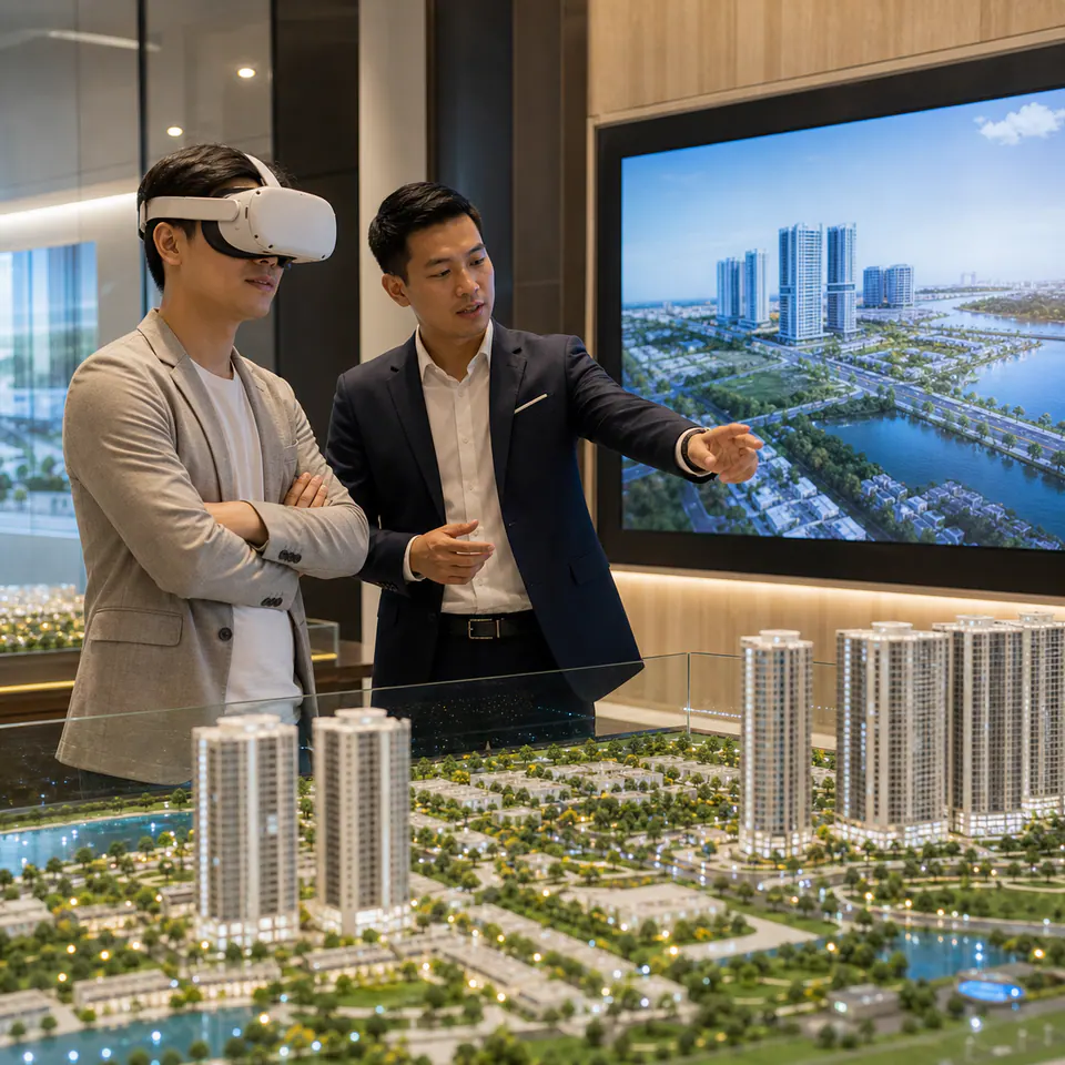 Nhà đầu tư trải nghiệm masterplan bất động sản bằng kính VR trong showroom.