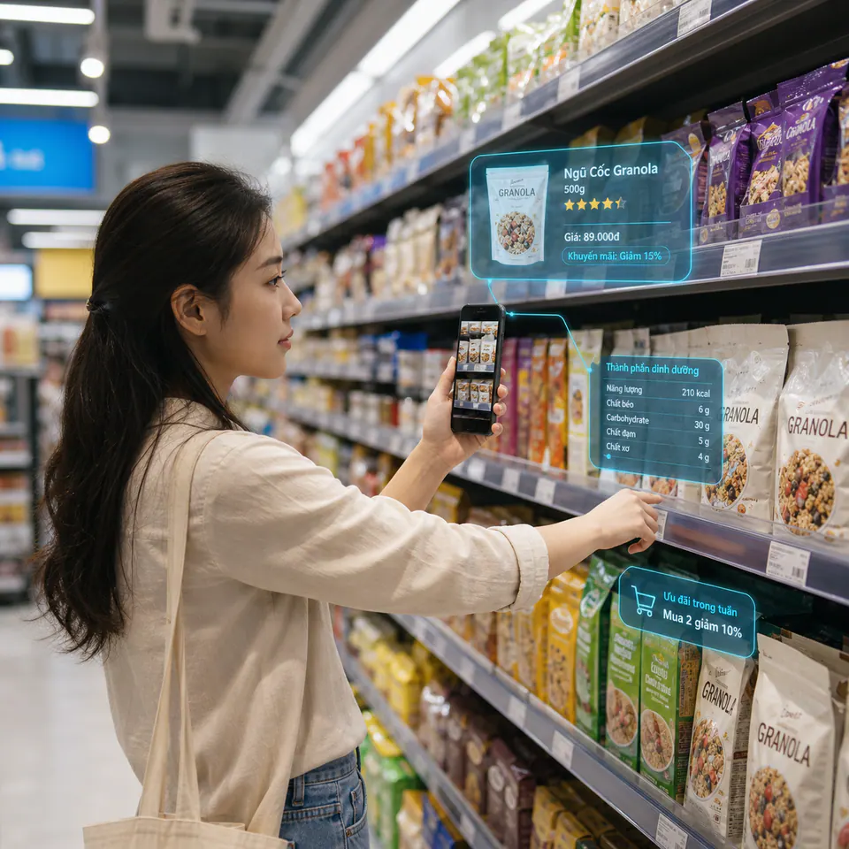 Khách hàng thử đồ bằng gương AR trong cửa hàng thời trang.