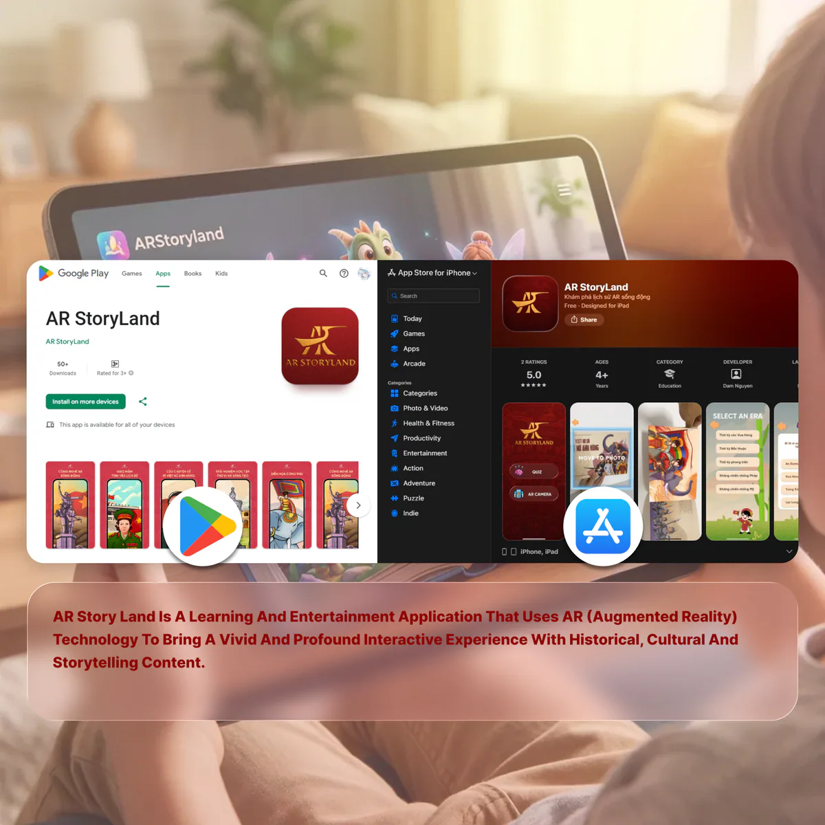Màn hình tablet hiển thị trải nghiệm kể chuyện tương tác AR Storyland.